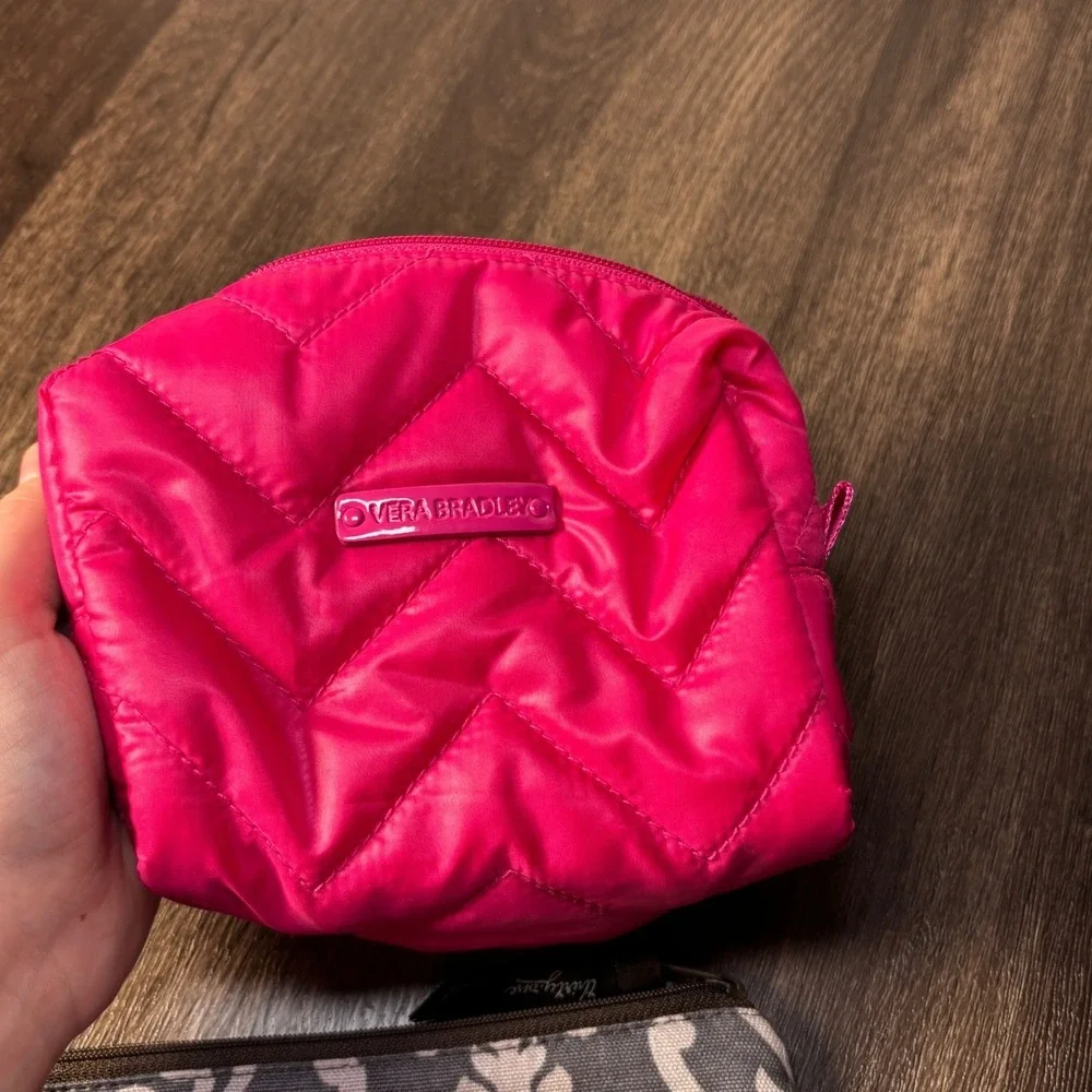 Vera Bradley Puffy Pink Cosmetic Bag & Thirty One Gray Damask Pouch Set, Makeup